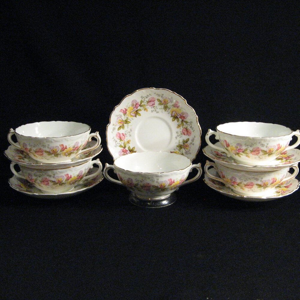 COALPORT MARILYN BONE CHINA FOOTED CREAM SOUPS & SAUCERS - 5 SETS - ENGLAND